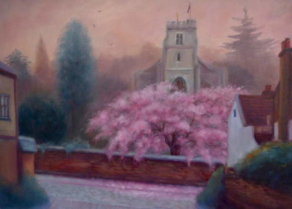 Detail of St Mary's Spring, 2019 Church and cherry blossoms. by Lee Campbell