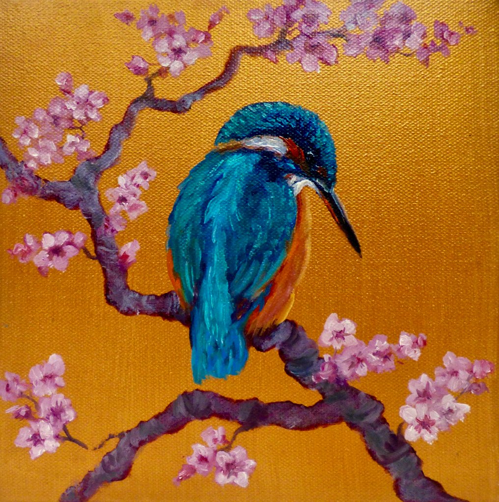 Detail of Kingfisher on Blossoms II, 2022,Bird by Lee Campbell