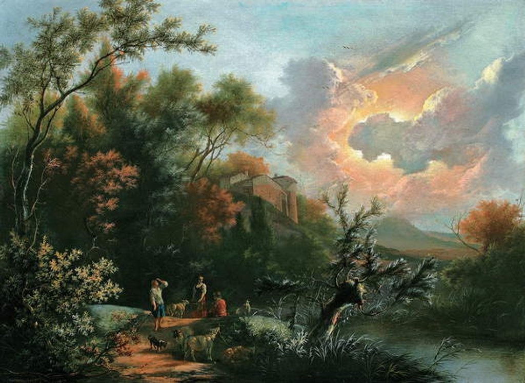 Detail of An Italianate hilly and wooded river landscape with shepherds and their flock at rest by Jan III Snellinck