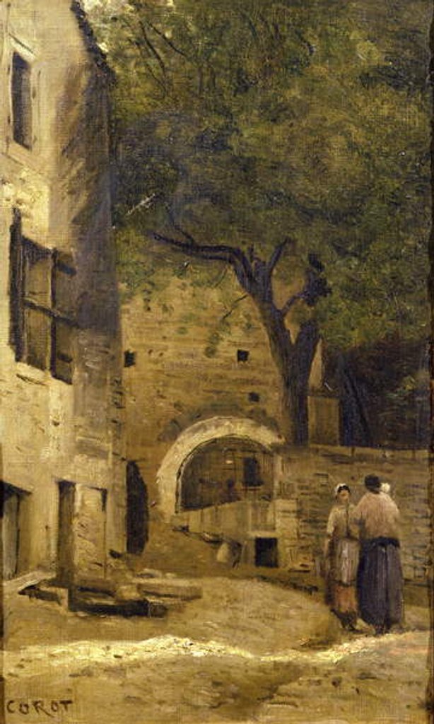 Detail of A village scene by Jean Baptiste Camille Corot