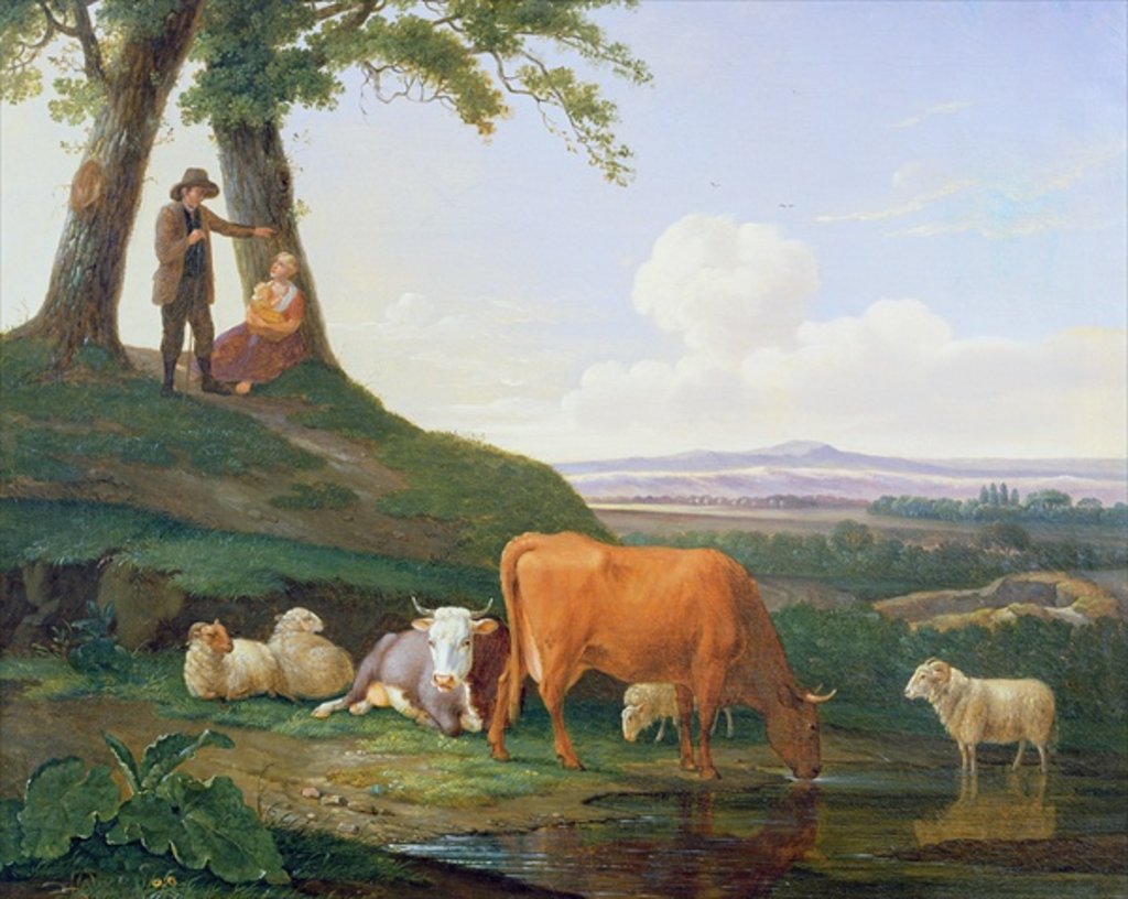 Detail of Landscape with cows and sheep by Abraham Bruiningh van Worrell