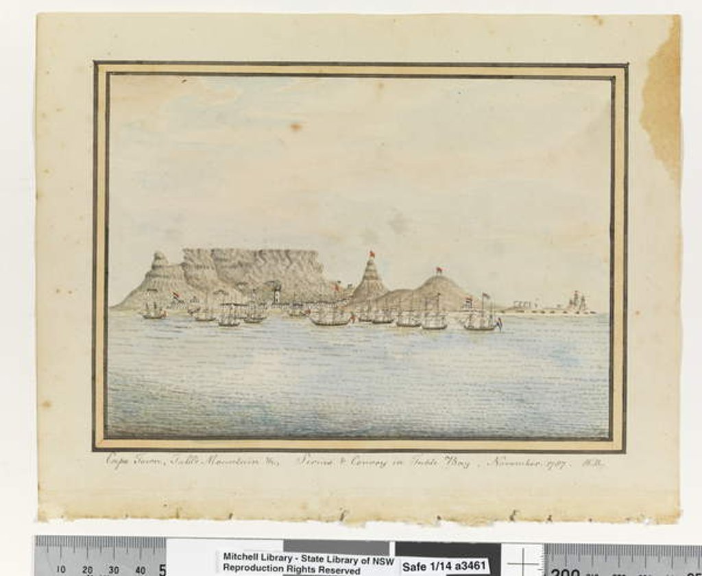 Detail of Opp. p. 46. `Cape Town, Table Mountain &c; Sirius & Convoy in Table Bay, November. 1787', c.1802 by William Bradley