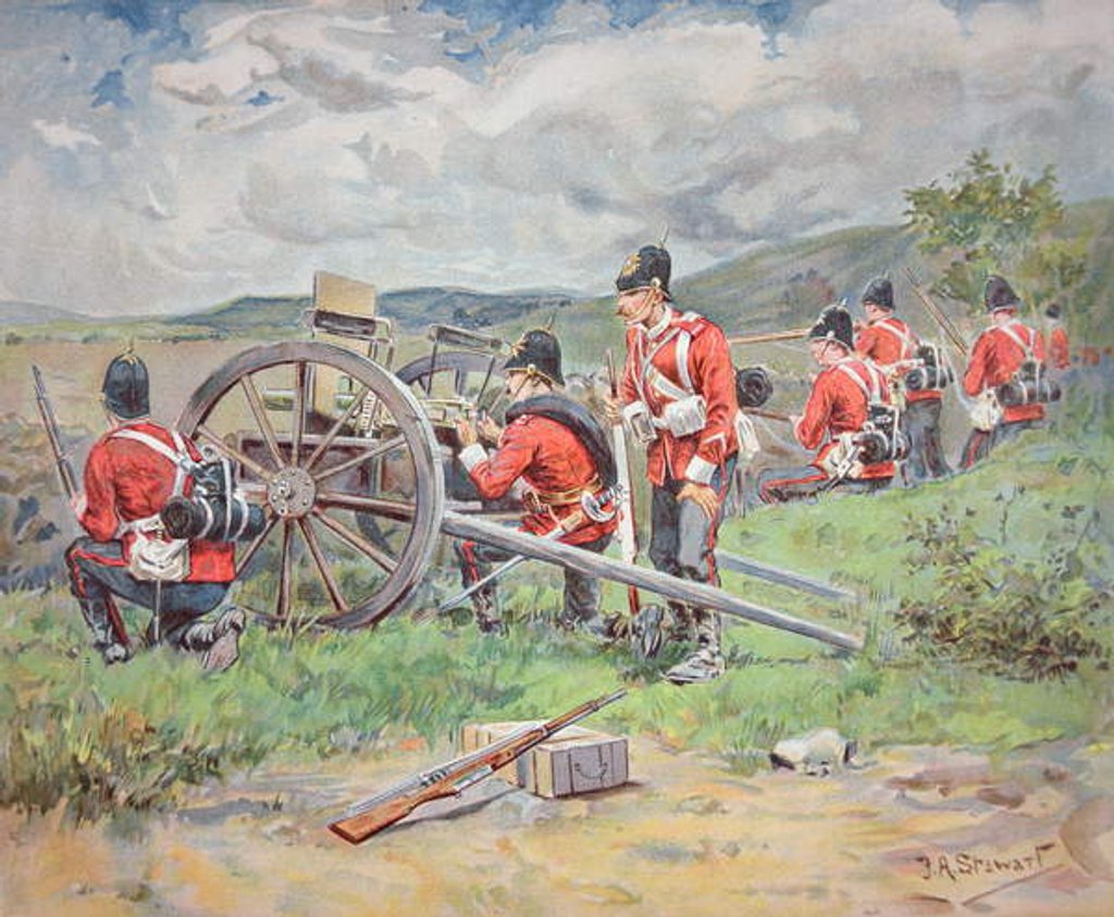 Detail of British troops working a Maxim machine gun during manoeuvres, 1900 by Frank Algenon Stewart