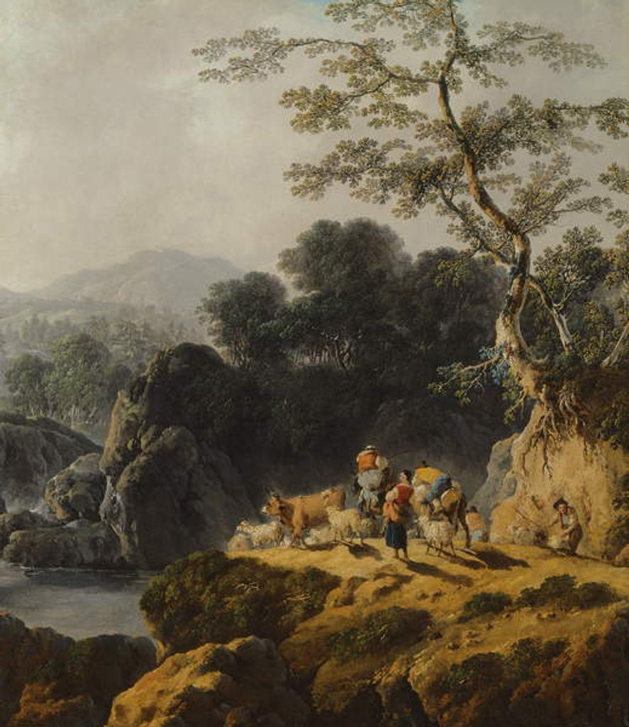 Detail of A River Valley Landscape with Herdsmen and Travellers by Jean Baptiste Pillement