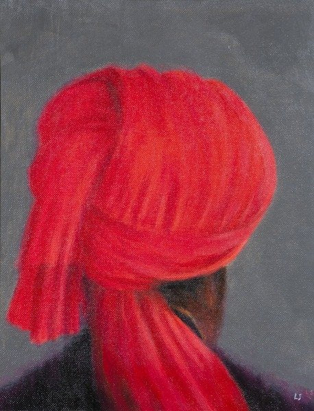 Detail of Red Turban on Grey, 2014 by Lincoln Seligman