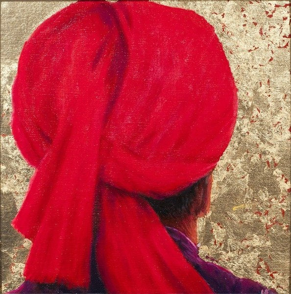 Detail of Red Turban on Gold Leaf, 2014 by Lincoln Seligman