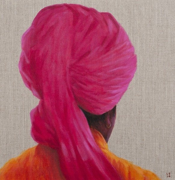 Detail of Pink Turban, Orange Jacket, 2014 by Lincoln Seligman