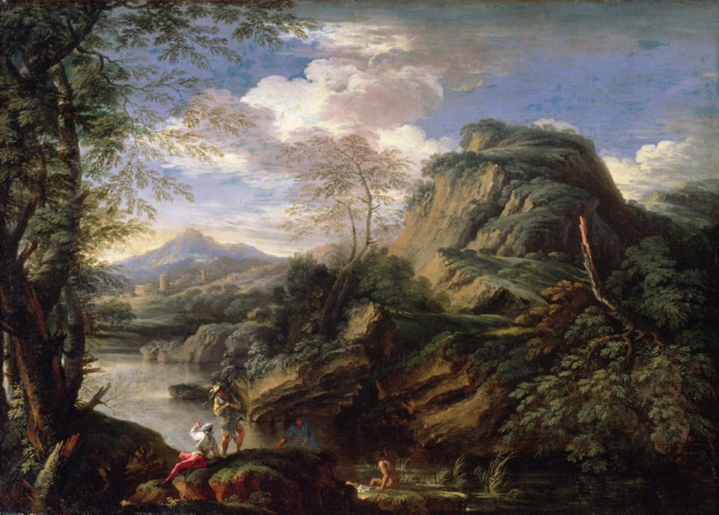 Detail of Mountain Landscape with Figures and a Man Bathing by Salvator Rosa