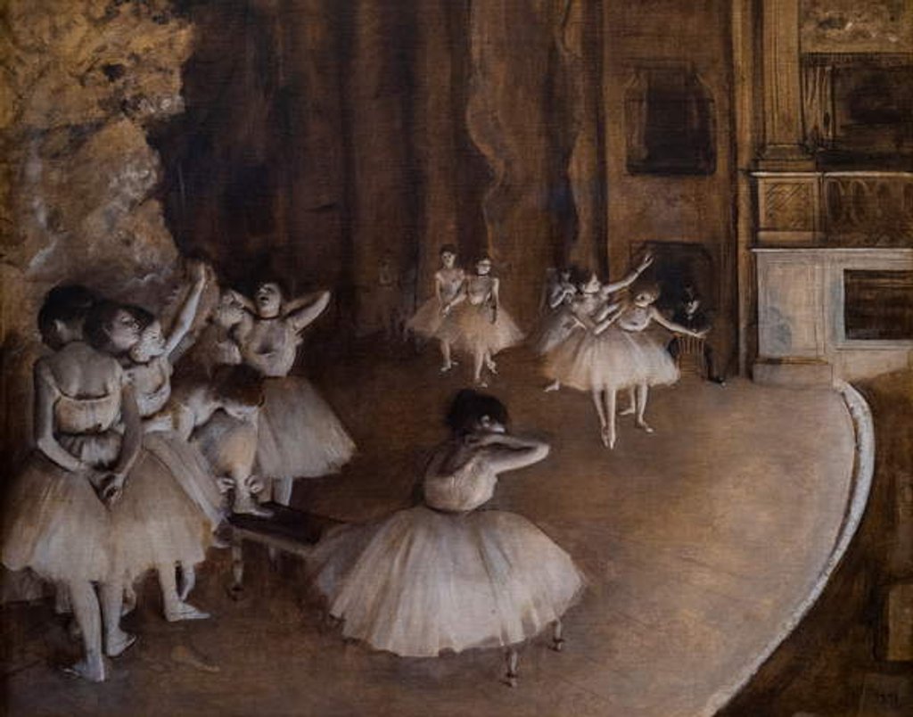 Detail of Ballet repetition on stage. 1874 by Edgar Degas