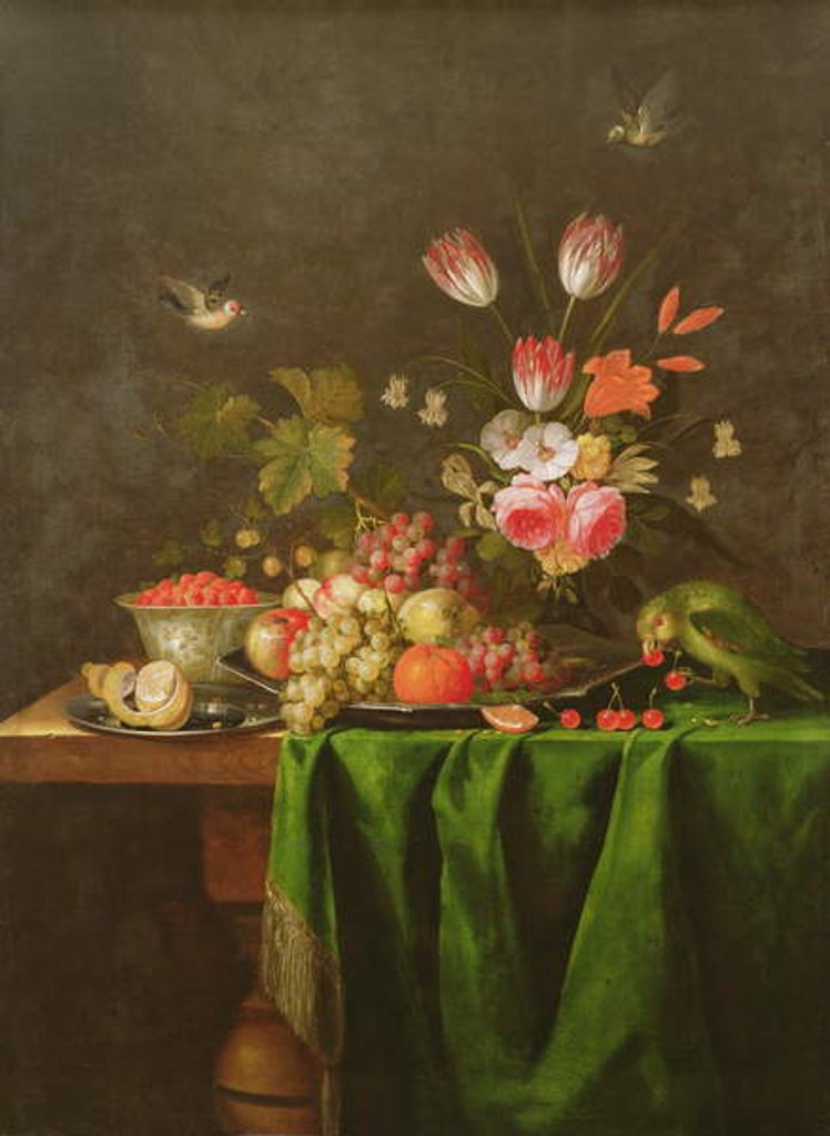 Detail of Still Life of Fruit and Flowers with a Parrot on a Table covered with a Green Cloth by Jan Davidsz. de Heem