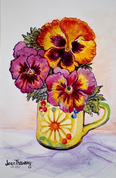 Detail of Pansies in a Patterned Mug, 2015 by Joan Thewsey