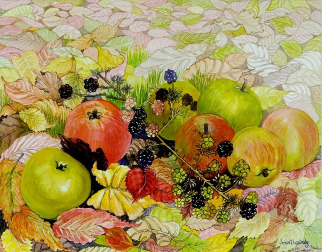 Detail of Apples and Blackberries on Autumn Leaves, 2010 by Joan Thewsey