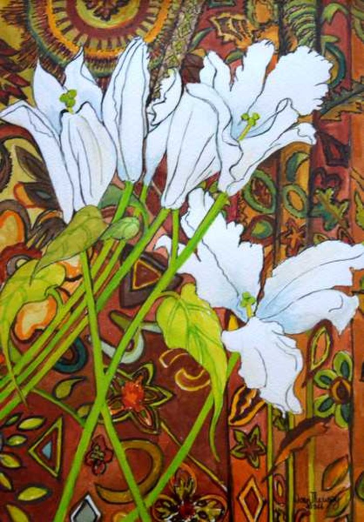 Detail of Lilies against a Patterned Fabric, 2000 by Joan Thewsey