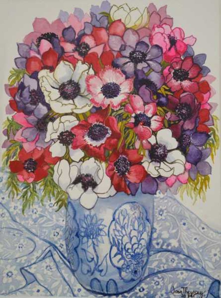 Detail of Anemones in a Blue and White Pot, with Blue and White Textile, 2000 by Joan Thewsey