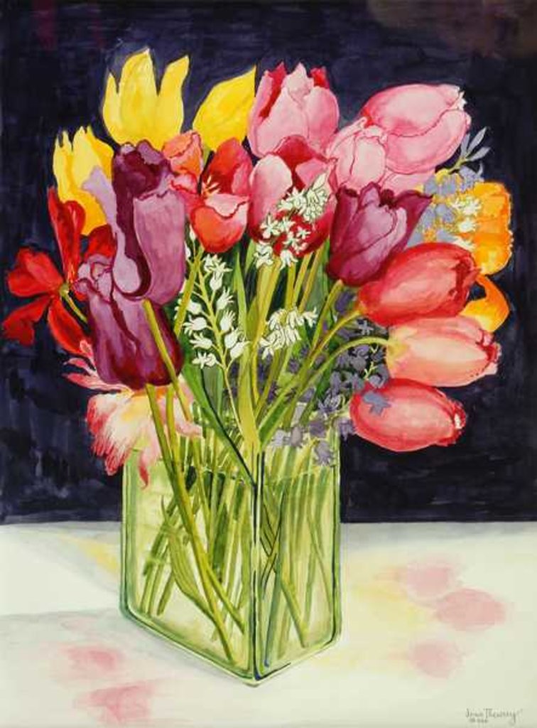 Detail of Tulips and Bluebells in a Rectangular Glass Tub, 2001 by Joan Thewsey