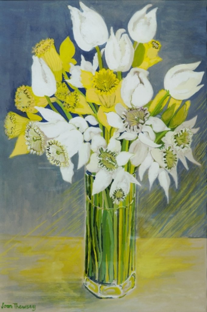 Detail of Daffodils and white tulips in an octagonal glass vase by Joan Thewsey