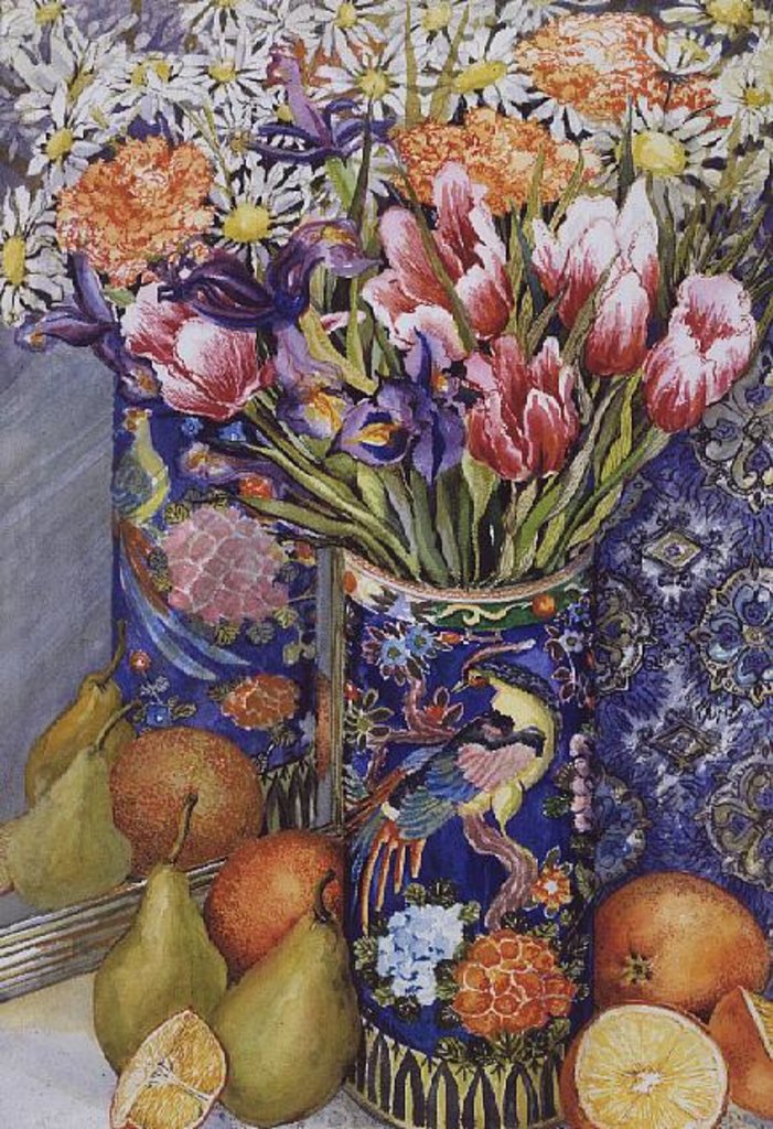 Detail of Tulips in a Japanese Vase with Fruit by Joan Thewsey