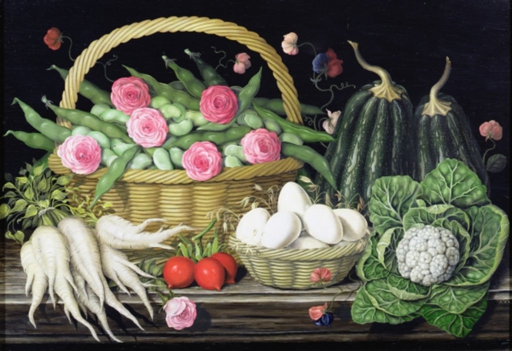 Detail of Eggs, broad beans and roses in basket, 1995 by Amelia Kleiser