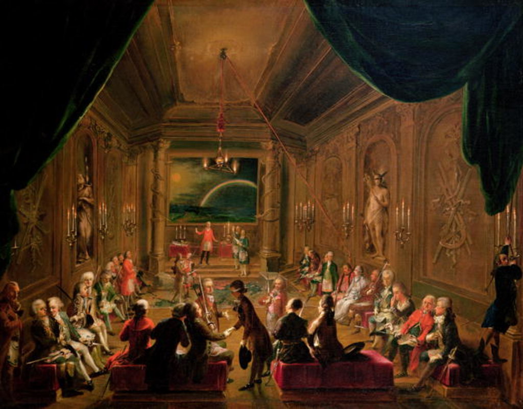 Detail of Initiation ceremony in a Viennese Masonic Lodge during the reign of Joseph II, with Mozart seated on the extreme left, 1784 by Ignaz Unterberger