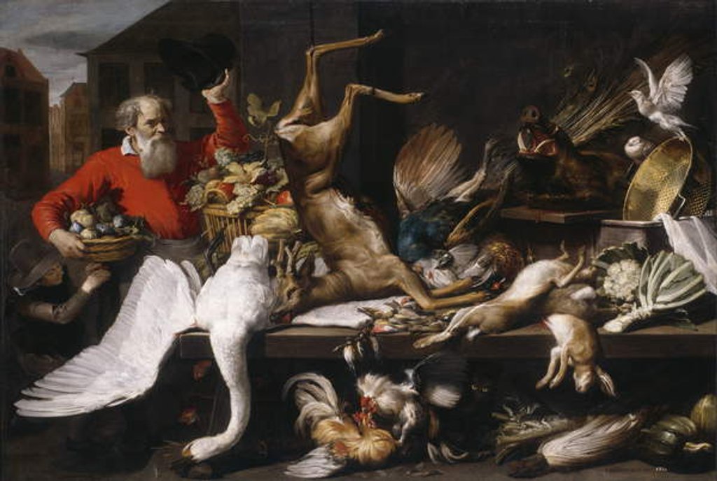 Detail of Still life with dead game, fruits, and vegetables in a market, 1614 by Frans Snyders