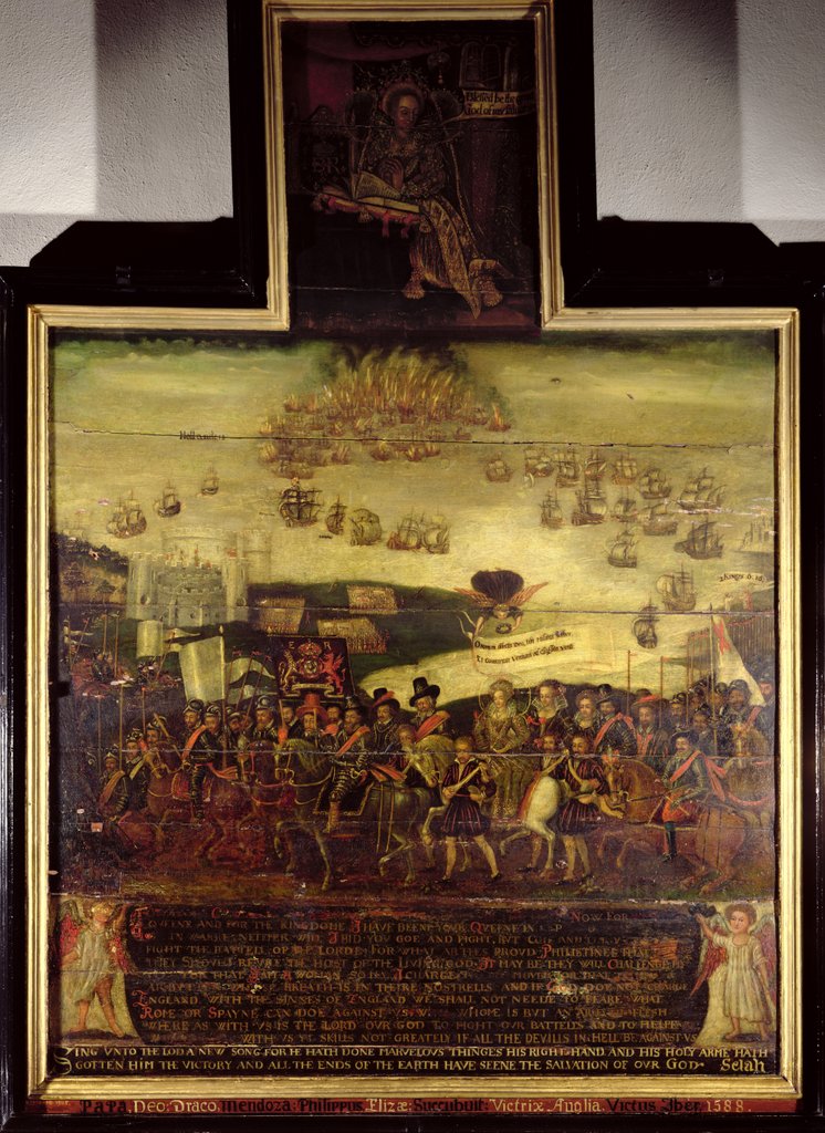 Detail of The Arrival of Queen Elizabeth I at Tilbury; and the Defeat of the Spanish Armada, left hand panel, by English School by English School