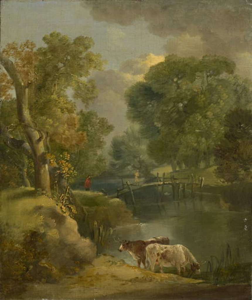 Detail of A River Landscape with Two Cows and a Figure on a Bridge, 18th century by Thomas Gainsborough