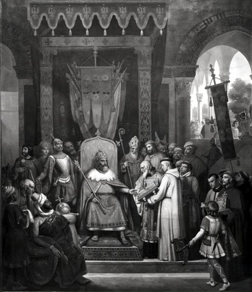 Detail of Emperor Charlemagne Surrounded by his Principal Officers, Receiving Alcuin who is Presenting some Manuscripts made by his Monks by Jean Victor Schnetz