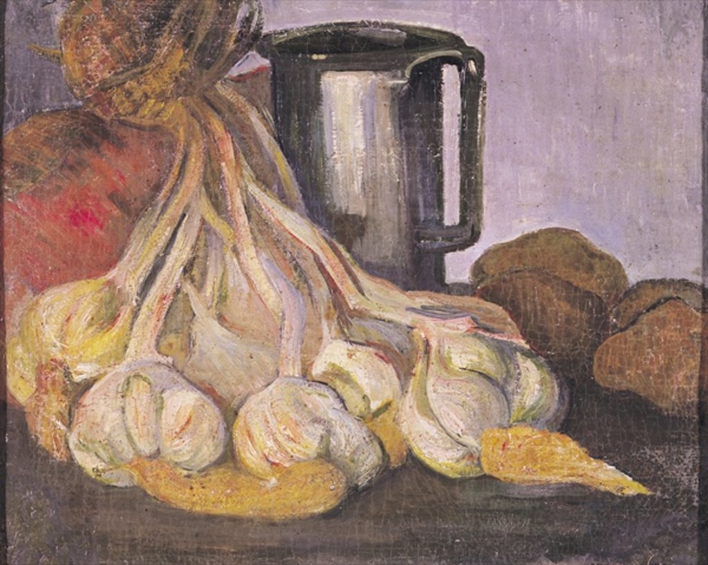 Detail of A Bunch of Garlic and a Pewter Tankard by Meyer Isaac de Haan