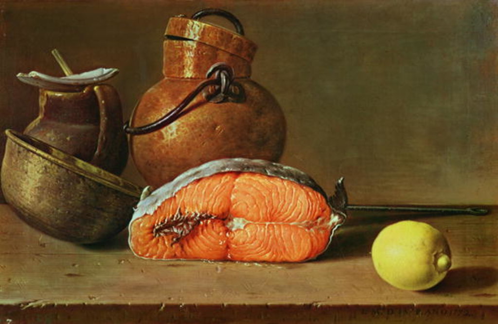 Detail of Still Life with a Piece of Salmon, a Lemon and Kitchen Utensils by Luis Egidio Menendez or Melendez