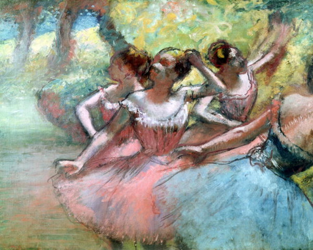 Detail of Four ballerinas on the stage by Edgar Degas