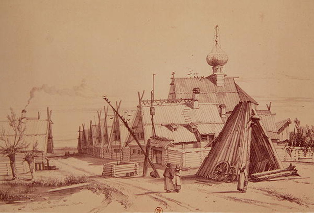 Detail of Village on route to Moscow, illustration from, 'Voyage pittoresque en Russie', 1839 by Andre Durand