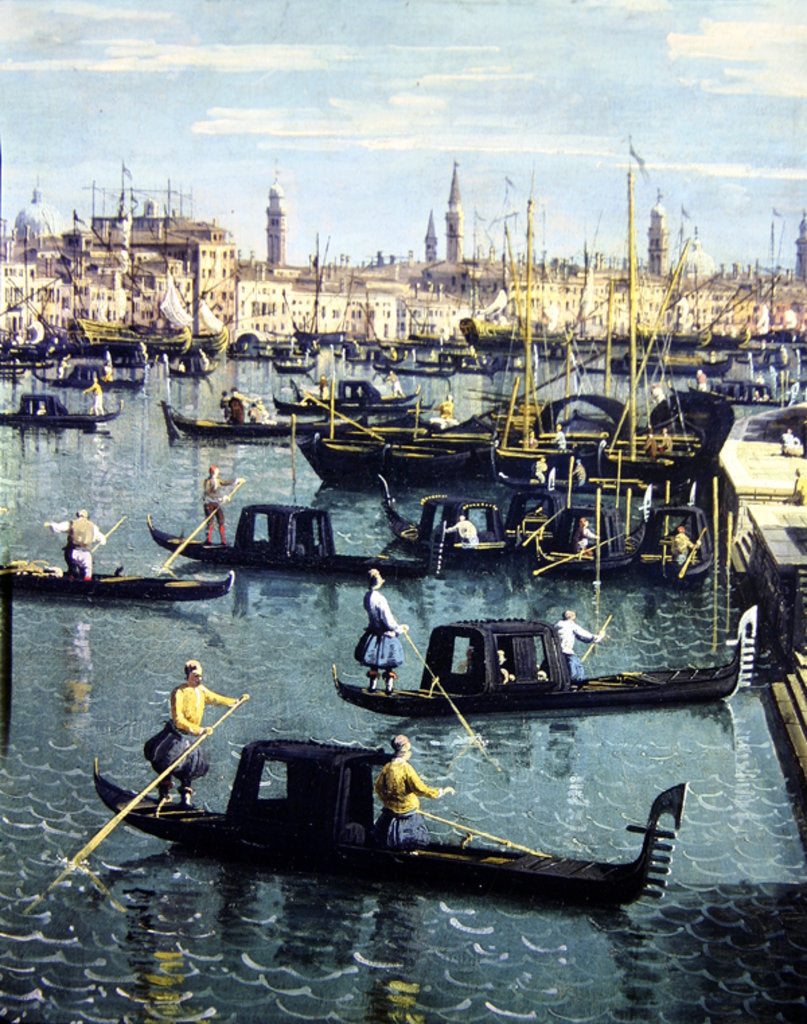 Detail of Gondoliers near the Entrance to the Grand Canal and the church of Santa Maria della Salute, Venice by Canaletto