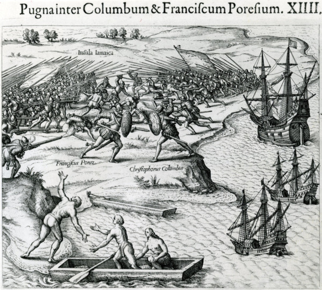 Detail of Battle in Jamaica between Christopher Columbus and Francisco Poraz, 1504 by Theodor de Bry (after)