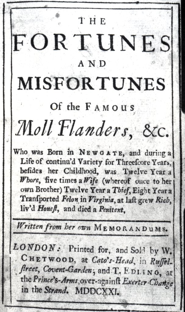 Detail of Title Page for 'Moll Flanders' by Daniel Defoe by English School