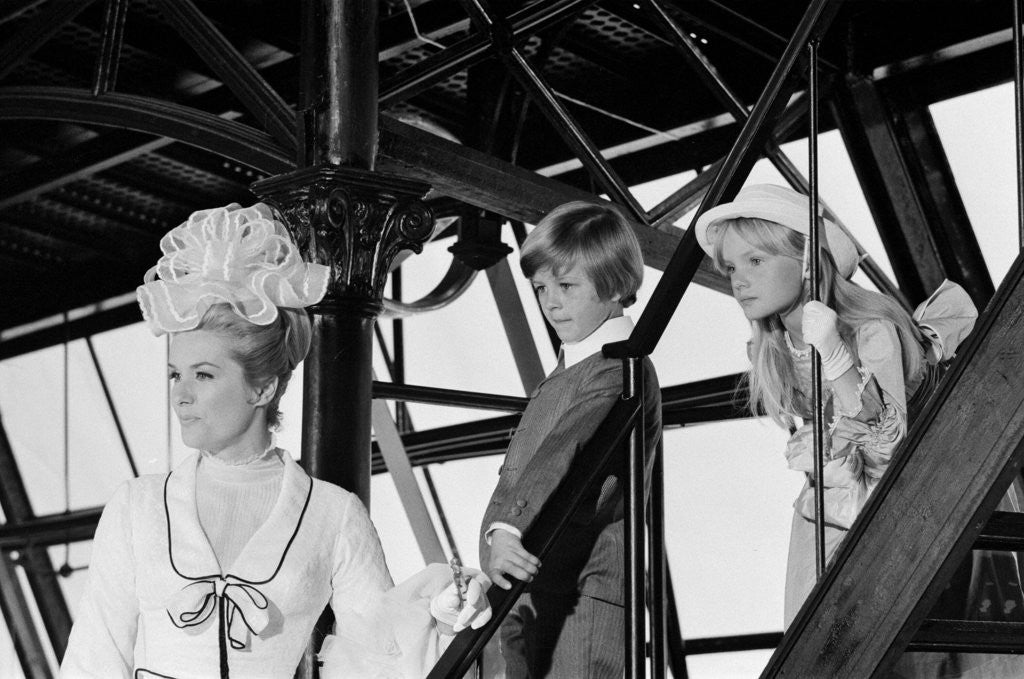 Detail of Sally Ann Howes with Adrian Hall and Heather Ripley filming a scene for Chitty Chitty Bang Bang by Bela Zola