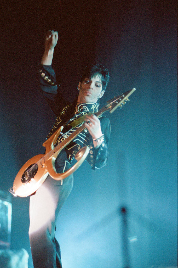 Detail of Prince performing on stage during his 'Ultimate Live Experience Tour' by Richard Nelmes