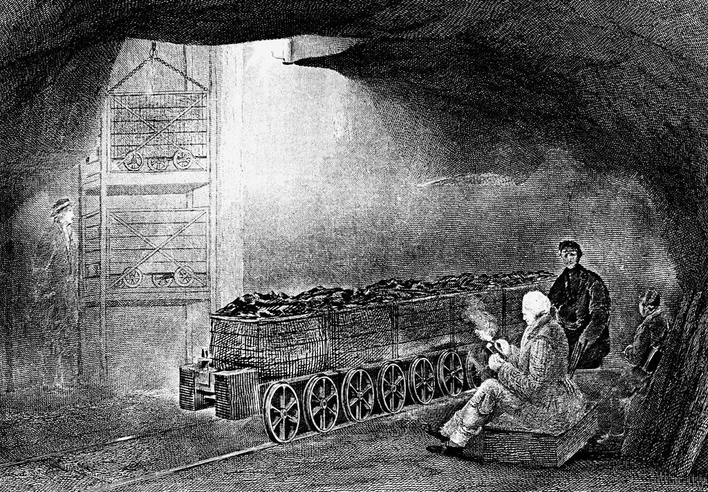 Detail of Bottom of a pit shaft in a coal mine with a train of loaded wagons, 1860 by Unknown