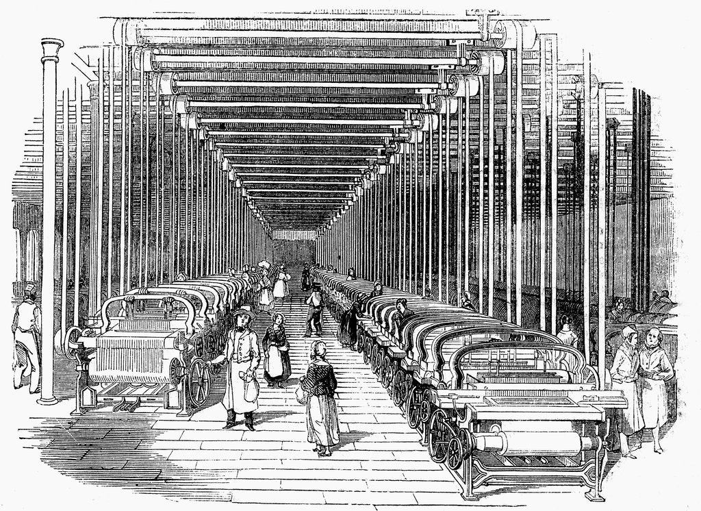 Detail of Weaving shed fitted with rows of power looms driven by belt and shafting, c1840 by Unknown