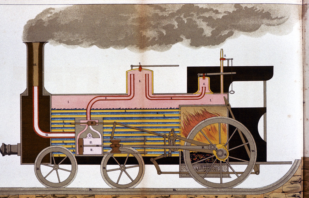 Detail of Sectional view of a mid-19th century steam railway locomotive, 1882 by Unknown