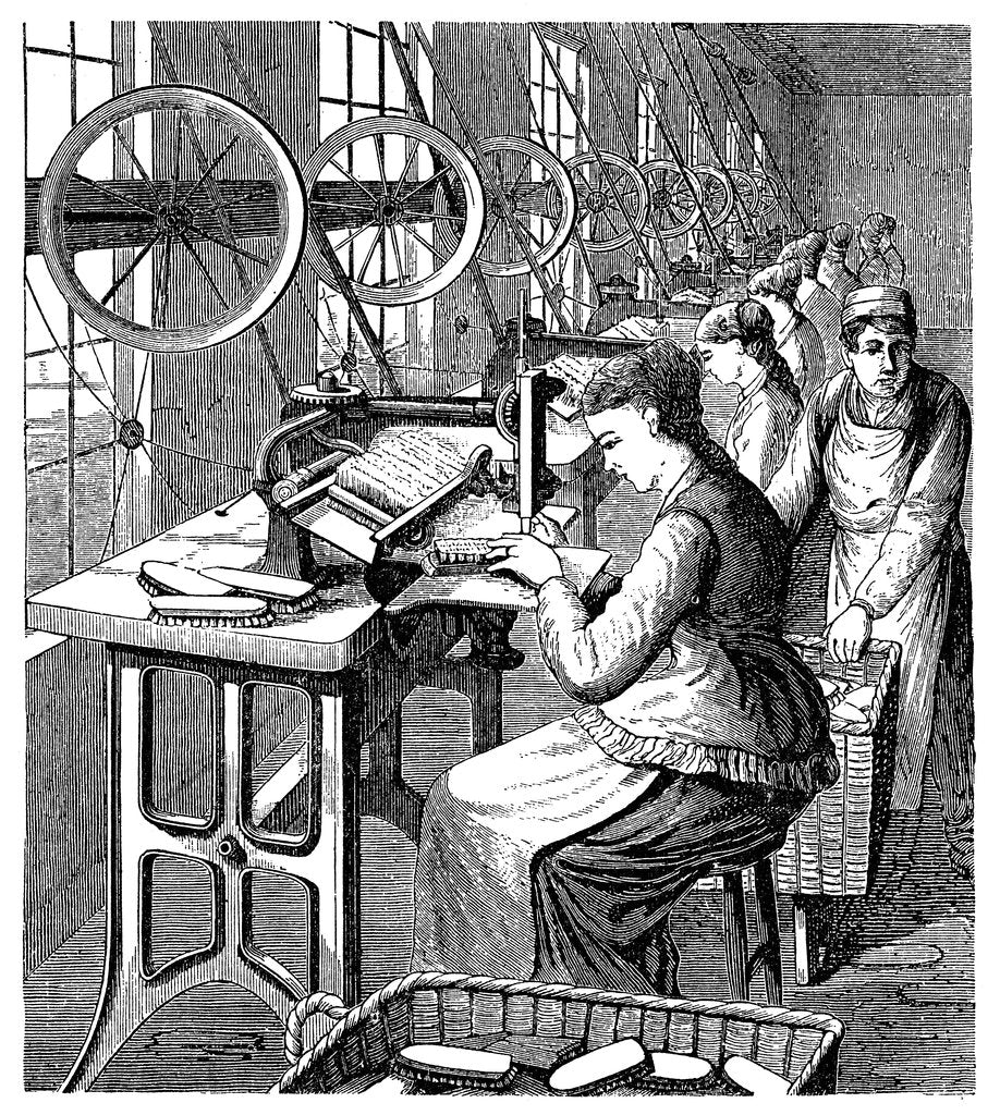 Detail of Women securing bristles in brushes using Woodbury's machine, late 19th century by Unknown