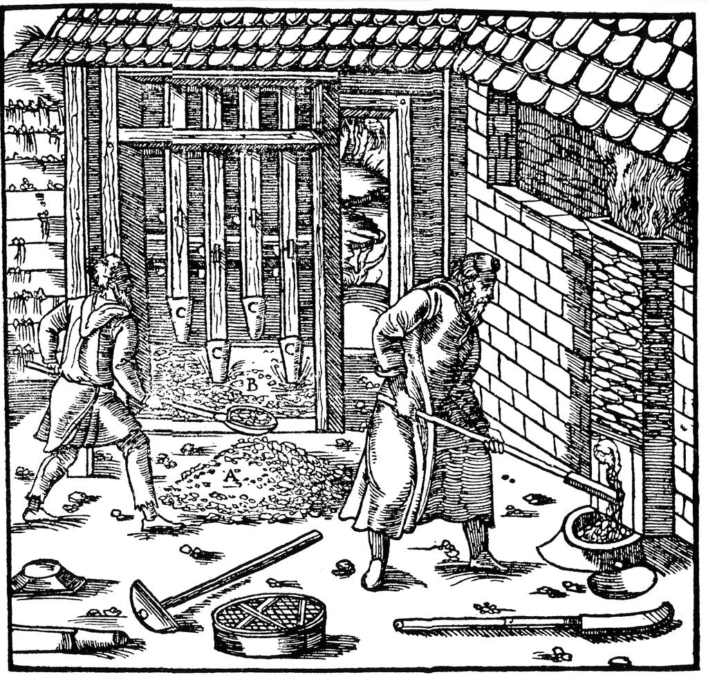 Detail of Stamping and roasting ore to extract metal, 1556 by Unknown