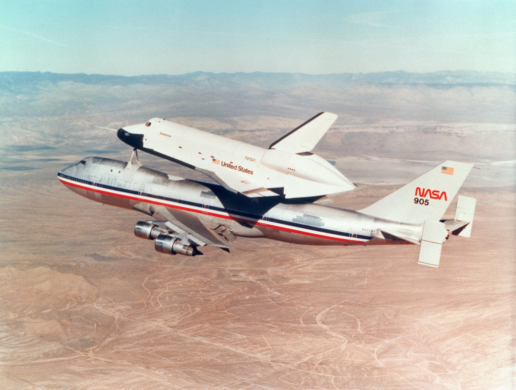 Detail of Space Shuttle Orbiter mounted on top of a Boeing 747 carrier aircraft, 1977 by Unknown