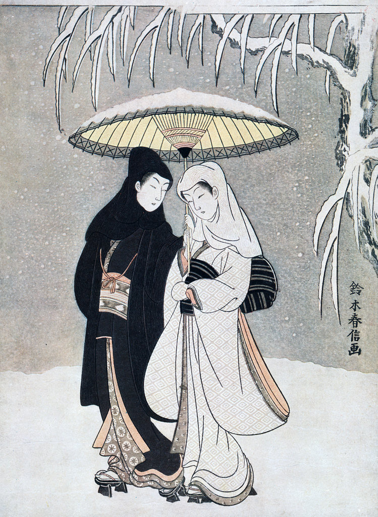 Detail of Crow and Heron, or Young Lovers Walking Together under an Umbrella in a Snowstorm by Suzuki Harunobu