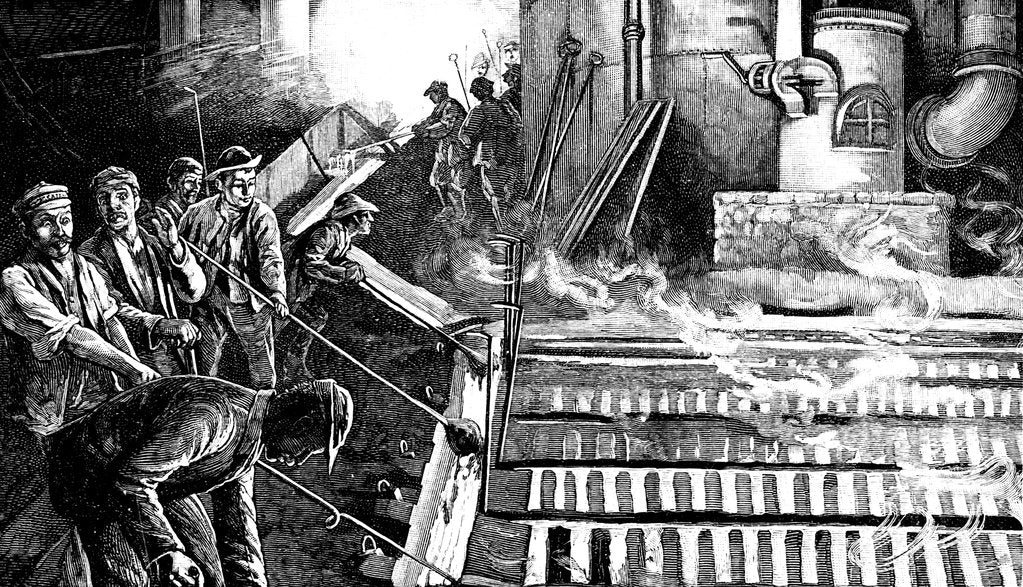 Detail of Tapping a blast furnace and casting iron into pigs, c1900 by Anonymous