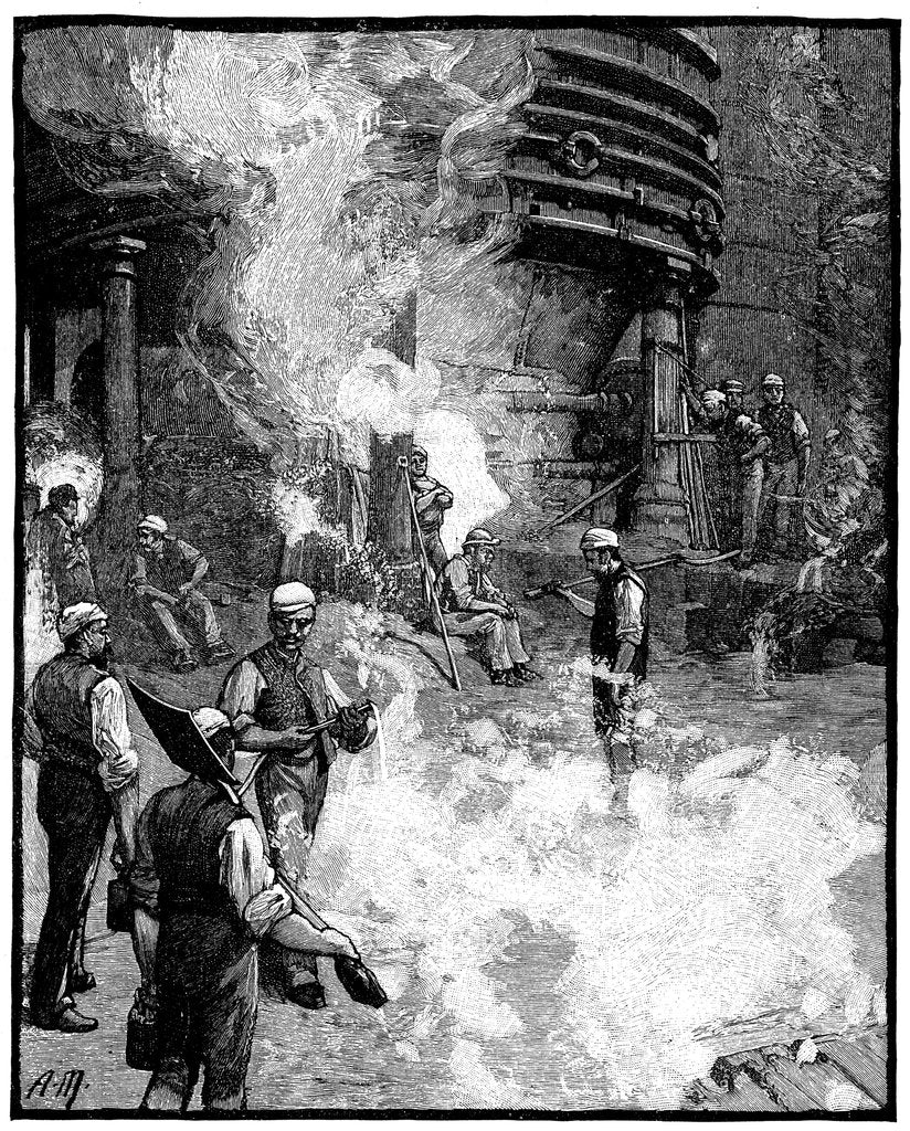 Detail of Tapping blast furnace, and casting iron into pigs, Siemens iron and steel works, Wales, 1885 by Unknown