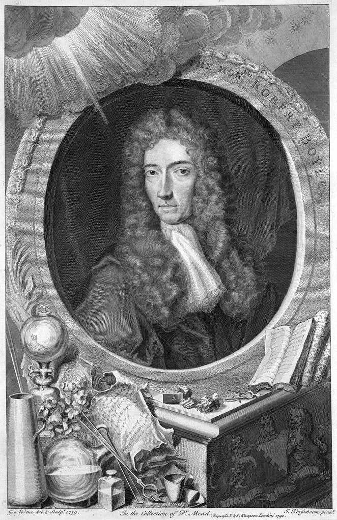 Detail of Robert Boyle, 17th century Irish chemist and physicist, 1739. by George Vertue