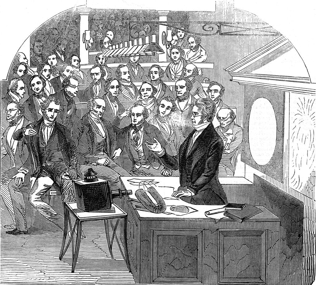 Detail of Michael Faraday lecturing on electricity and magnetism, Royal Institution, London, 1846 by Unknown