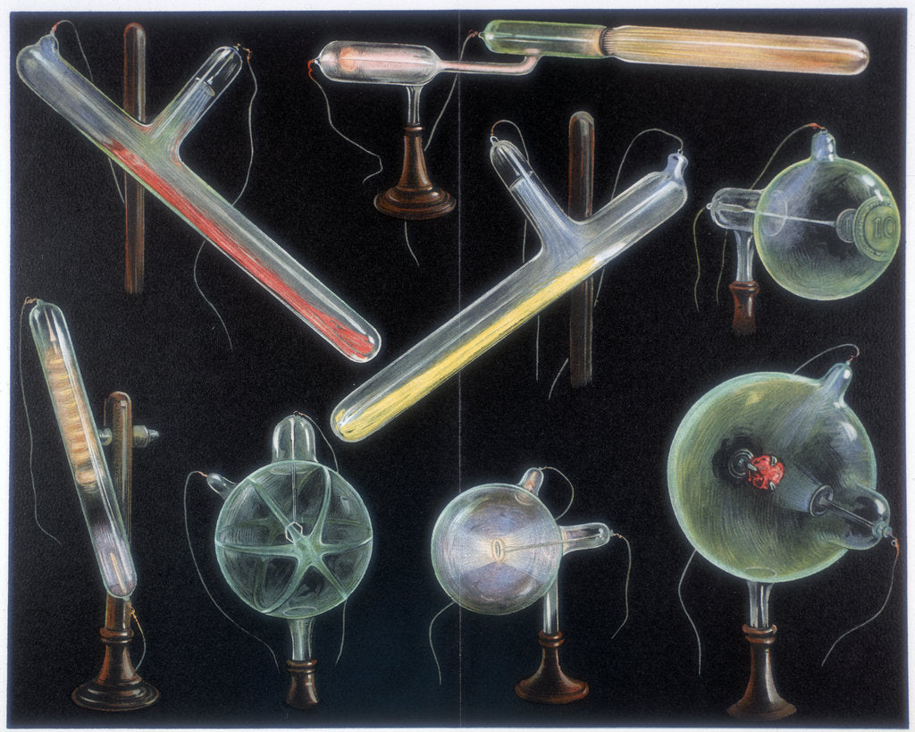 Detail of Various substances fluorescing in vacuum tubes of different shapes, 1903 by Unknown