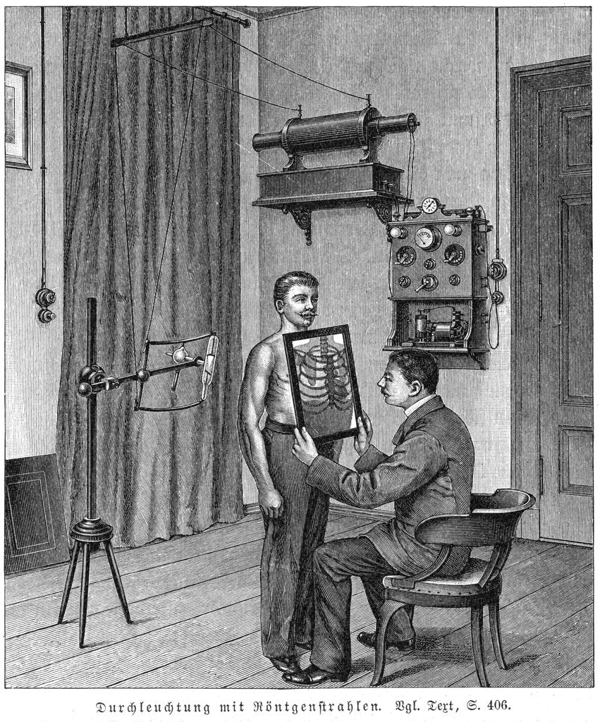 Detail of Examining a patient's thorax using an X-ray tube and fluorescent screen, 1903 by Unknown