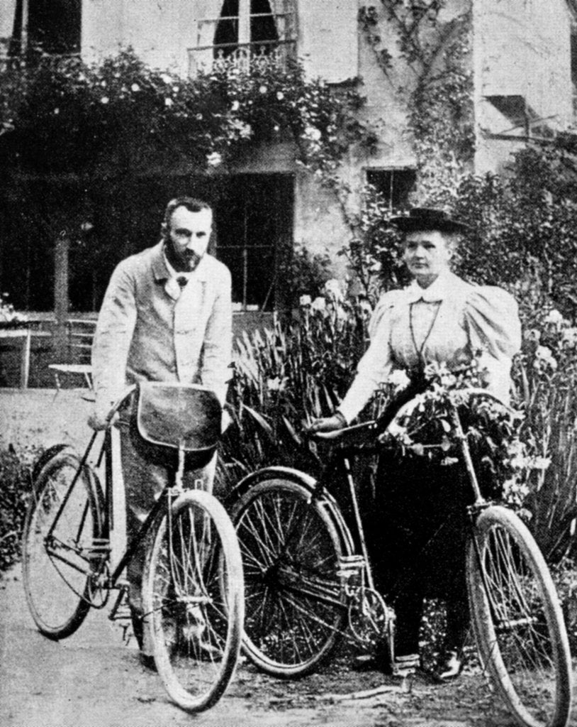 Detail of Pierre and Marie Curie, French physicists, preparing to go cycling by Unknown